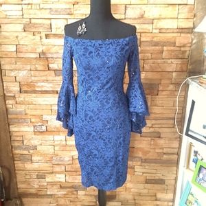 VENUS Blue Lace Strapless Dress